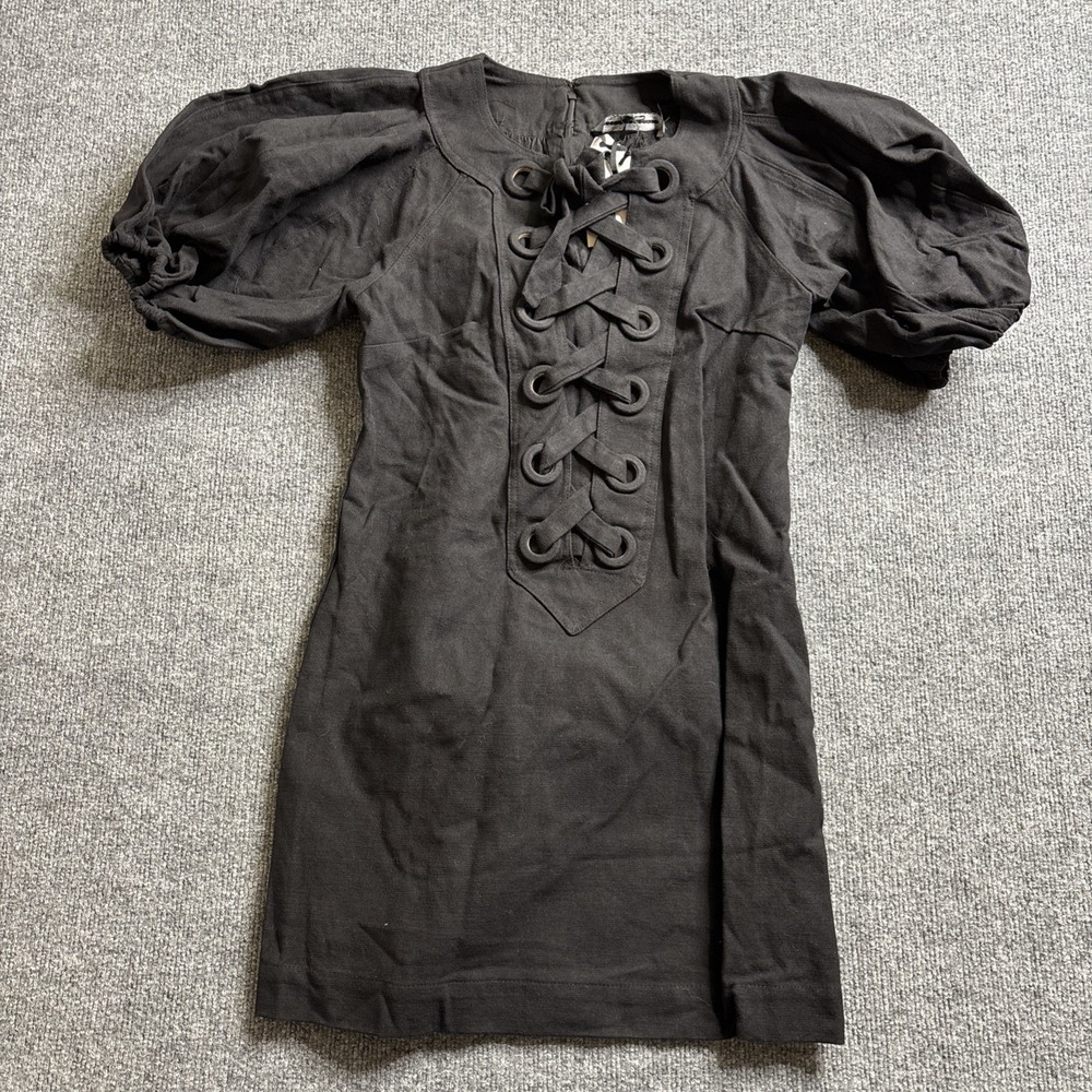 English Factory Lace Up Puff Sleeve Mini Dress Women's Small Black Luxury NWT